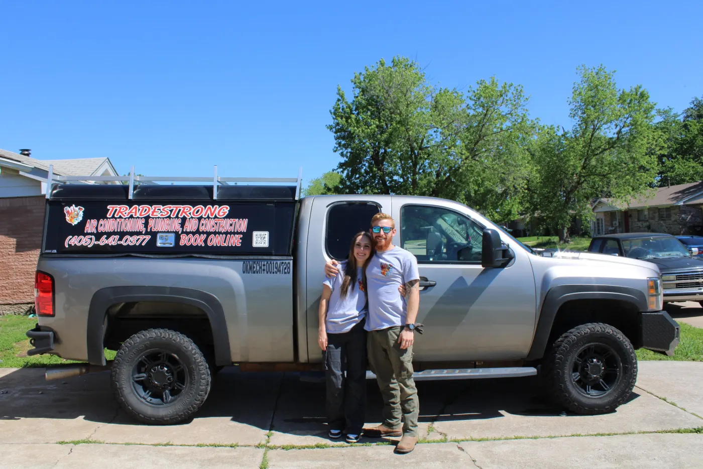 Keyton Forren, founder of TradeStrong, with his TradeStrong work truck in Moore, Oklahoma